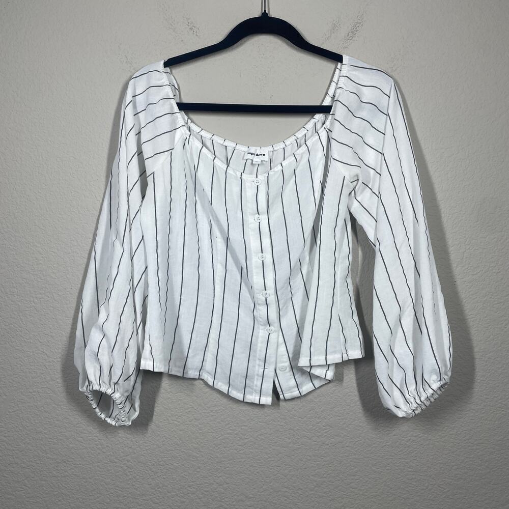 Superdown XL Kaylee Button Up Off The Shoulder Top Stripe Linen Long Sleeves - Picture 2 of 9